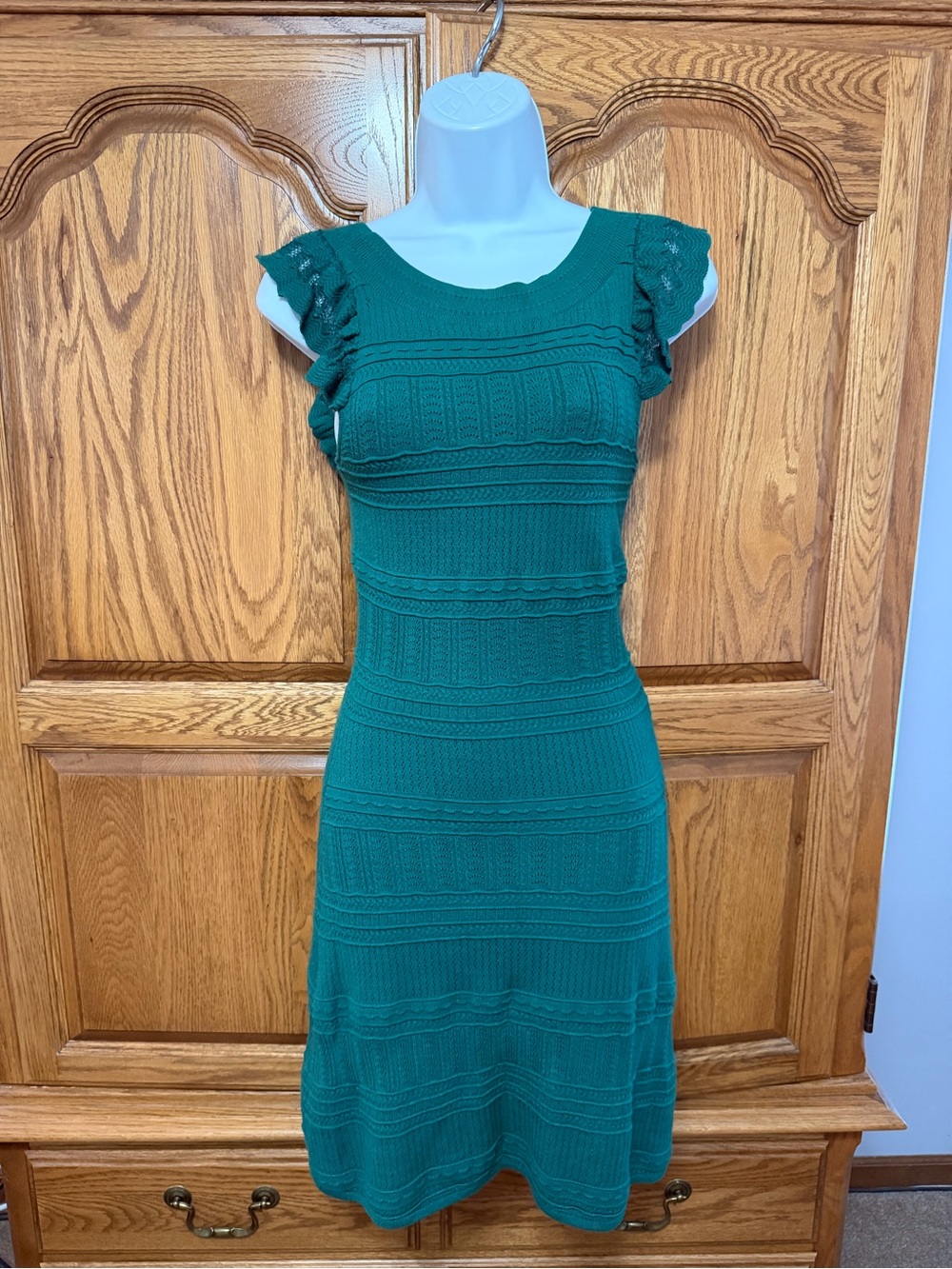 Sezane Melodie Dress Sz XS Emerald Green Fancy Knit Ruffle Mini Bodycon French